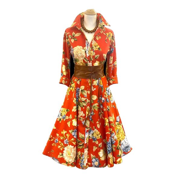 Le Boudoir Rome Orange Midi Dress A-Line Buttoned Notched Collar Chic Small - Picture 1 of 9